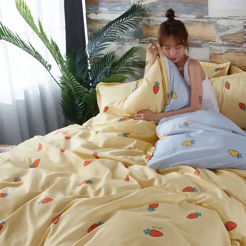 Yellow and light blue carrot cartoon printed bedding set bedroom