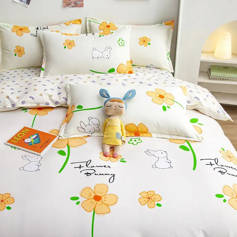 Yellow and light blue carrot cartoon printed bedding set bedroom
