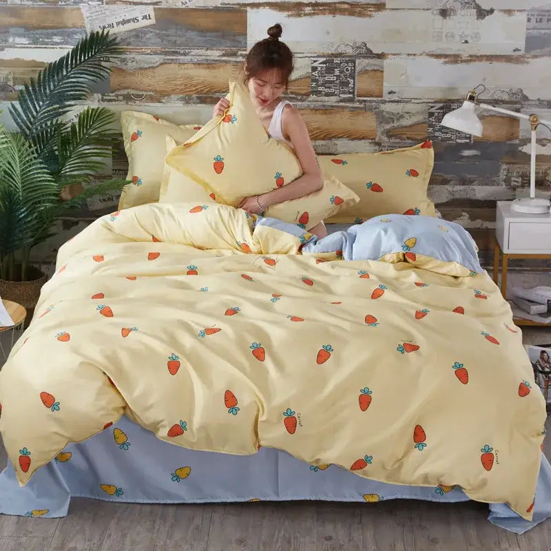 Yellow and light blue carrot cartoon printed bedding set bedroom