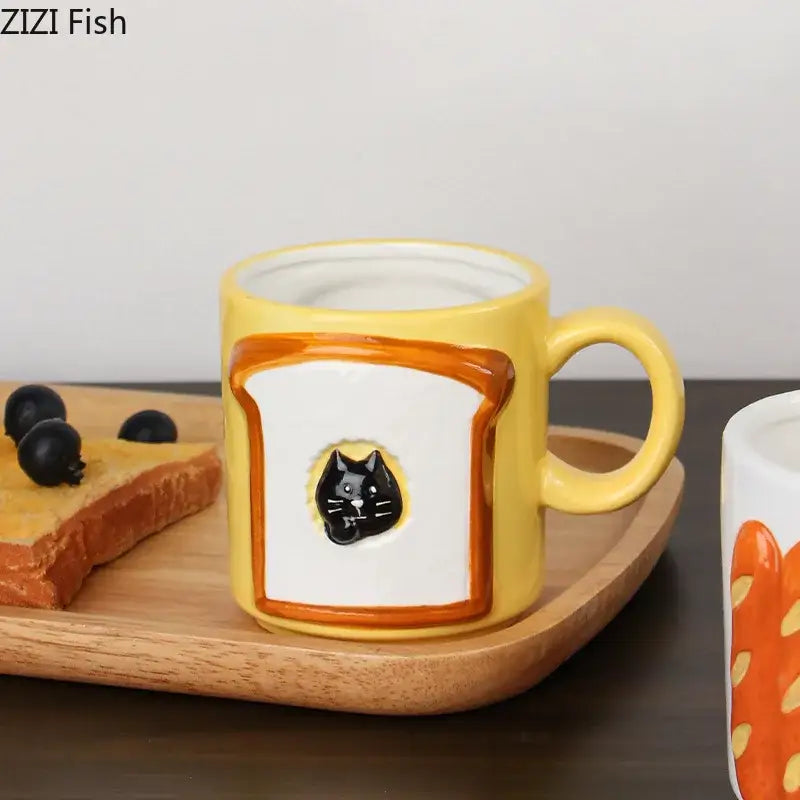Yellow bread pattern ceramic cat mug kitchen toast cup