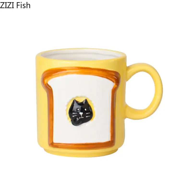 Yellow bread pattern ceramic cat mug kitchen toast cup