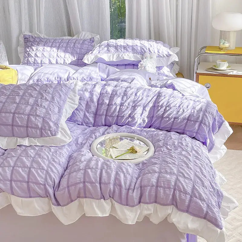 Yellow & white ruffled bubble gauze duvet cover set – bedroom bedding