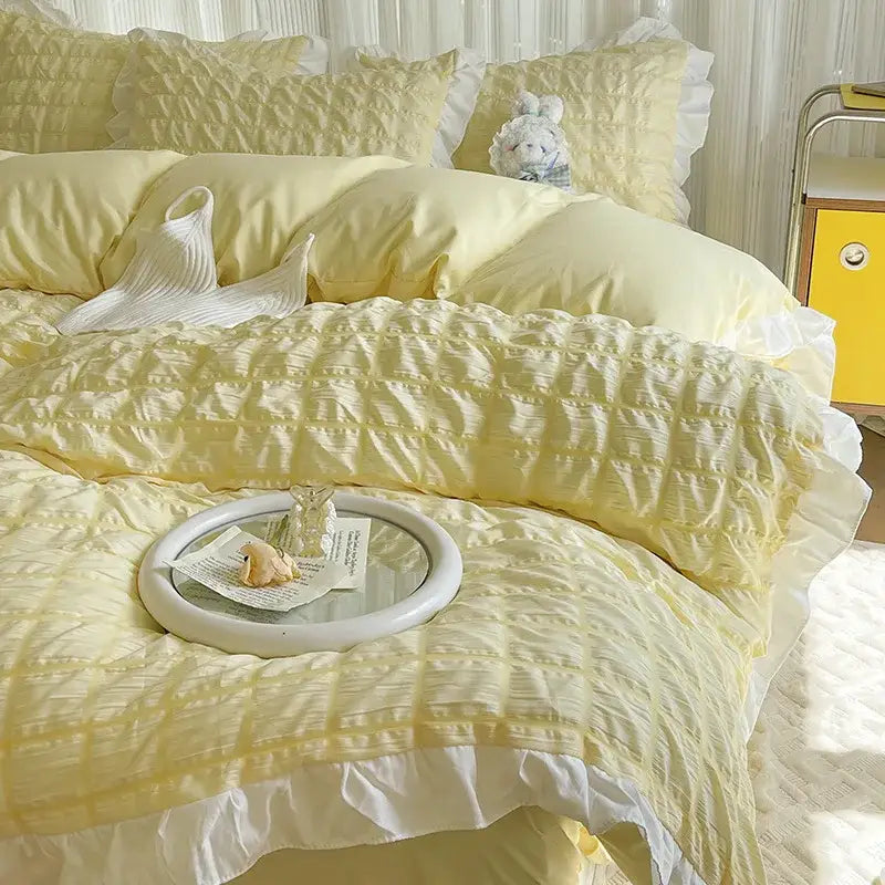 Yellow & white ruffled bubble gauze duvet cover set – bedroom bedding