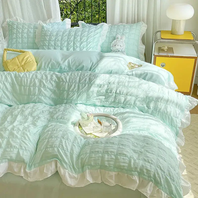 Yellow & white ruffled bubble gauze duvet cover set – bedroom bedding