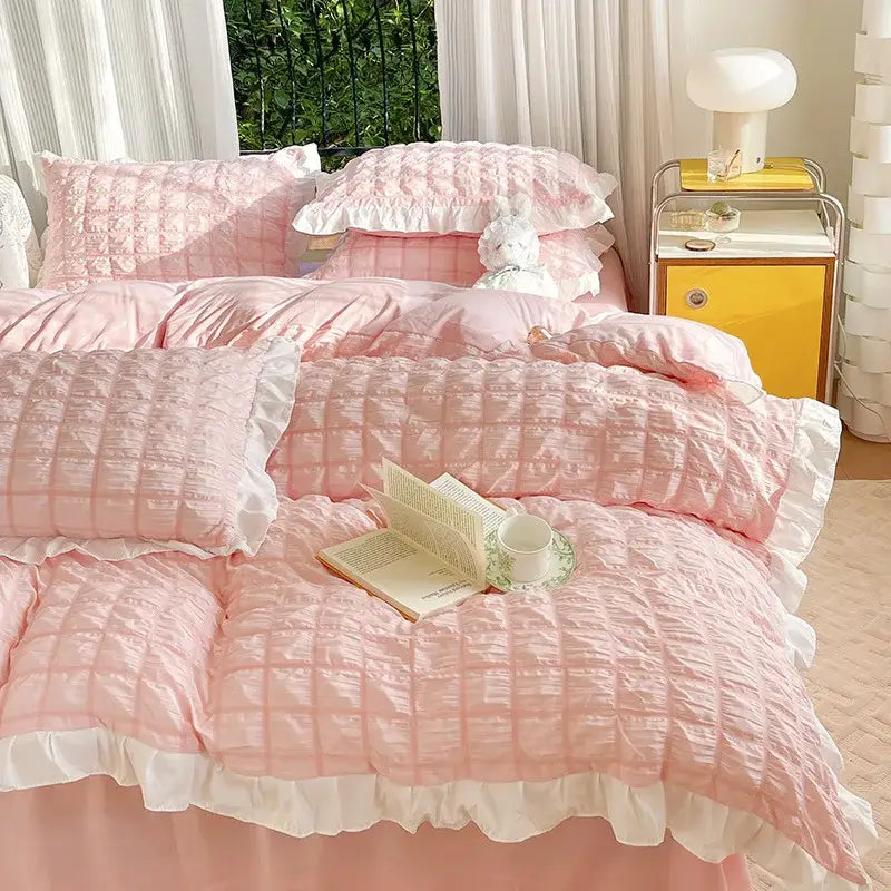 Yellow & white ruffled bubble gauze duvet cover set – bedroom bedding