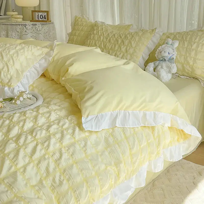 Yellow & white ruffled bubble gauze duvet cover set – bedroom bedding
