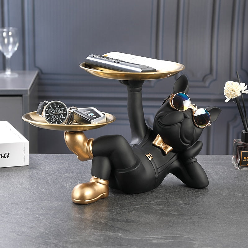Resin Décor Dog Statue Butler With Tray For Storage