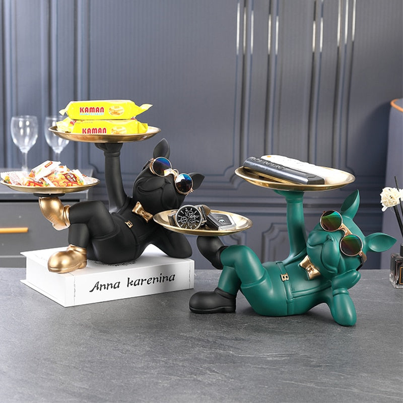 Resin Décor Dog Statue Butler With Tray For Storage